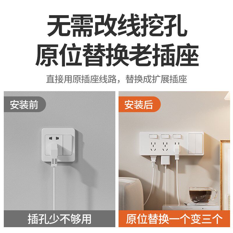 扩展插座带灯开关二合一延伸插座一转多明M装原位替换免钉拓展排