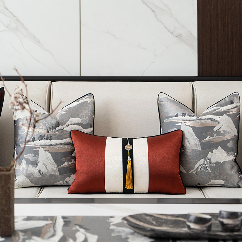 新中式客厅沙发抱枕靠垫套红色流苏拼接腰K枕样板间方形抱枕套轻