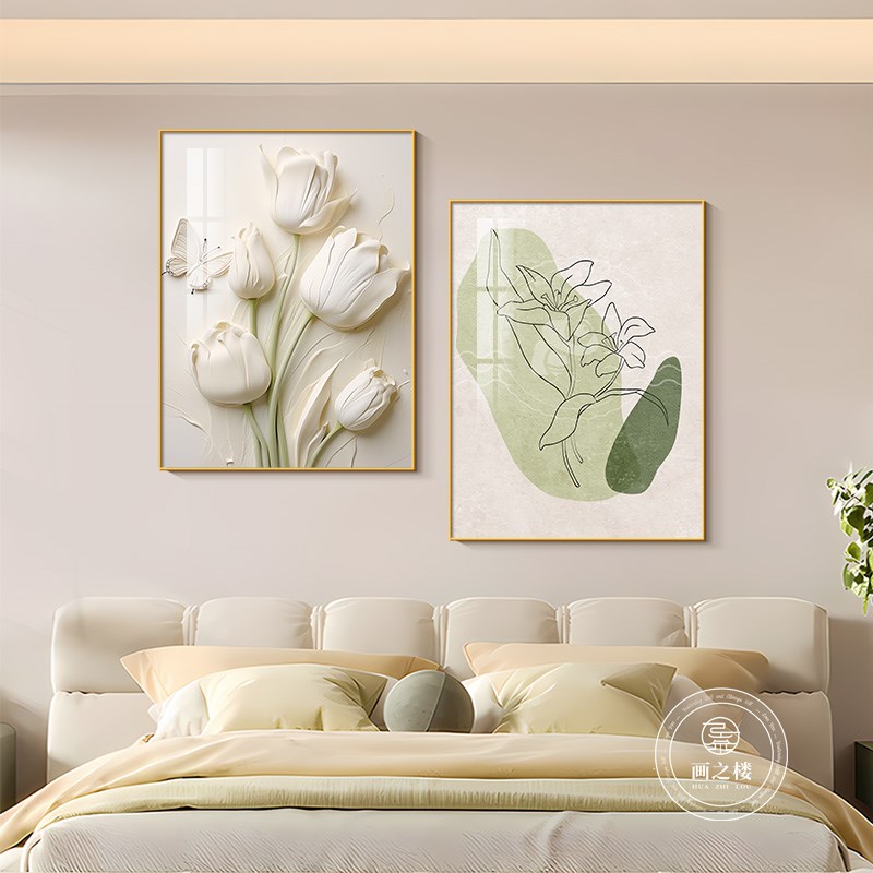 奶油风卧室e两联挂画立体花卉温馨系壁画酒店民宿床头墙面装饰图片