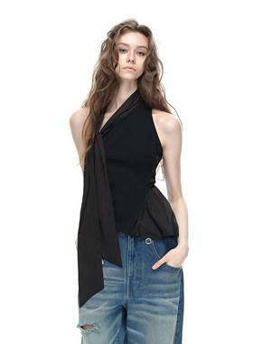 EMPTY PAGE黑色拼接斜肩背心女围脖飘带收腰单.肩褶皱上衣