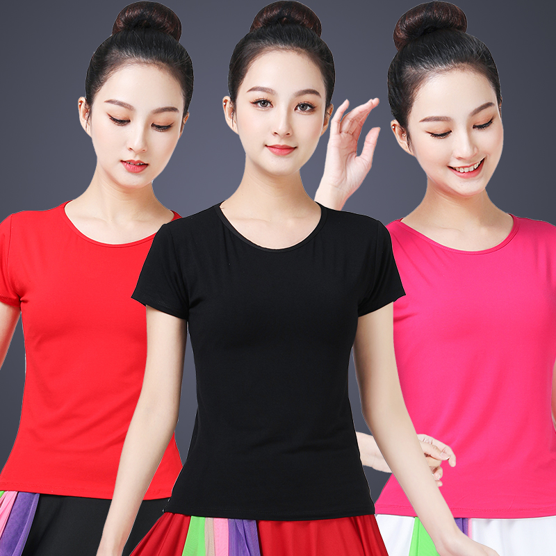 2023夏季新款广场舞服装女圆领休闲短J袖上衣表演服演出舞蹈服装