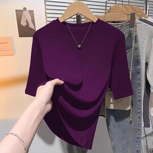 梵姿倪早a秋黑色打底衫修身中袖上衣半袖T恤新款纯色简约五分袖女