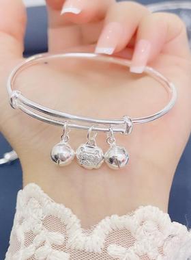 高档9礼99纯银足银福字平安锁铃长命手镯纯铛银长命锁富贵宝宝周