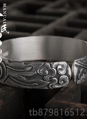 高档寸银云南手制作复古做足工银浮雕宽面实坊心凤穿旧牡丹手镯.