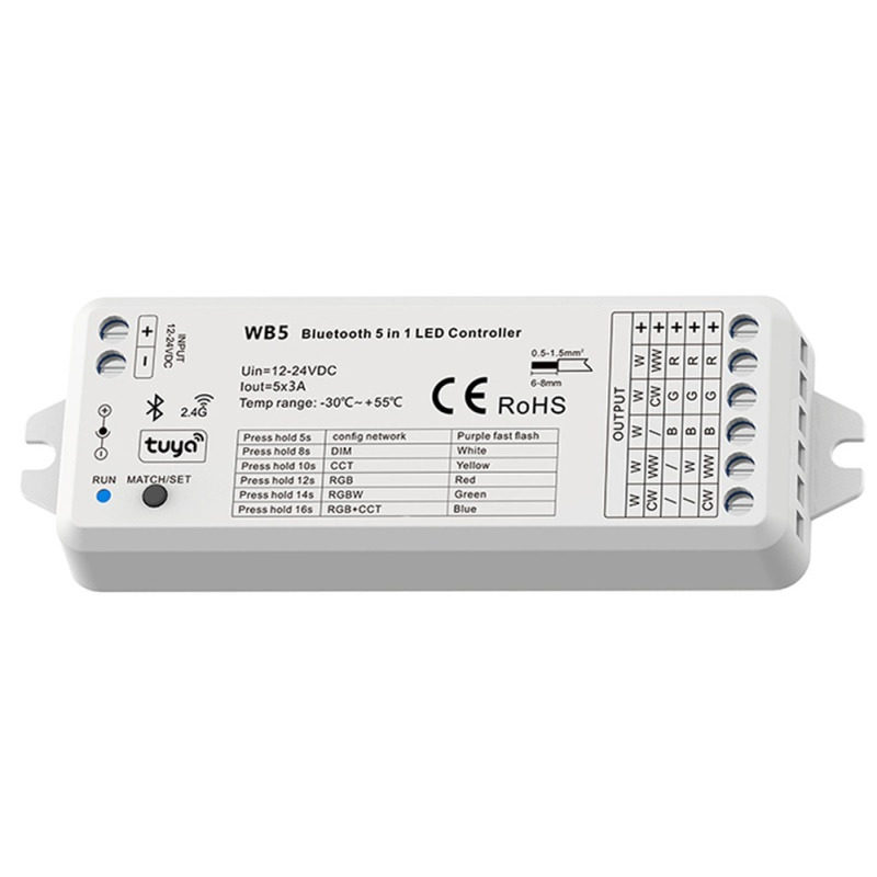 WB5 TUYA蓝?&RF5路RGB、RGBW、RGB+CCT、?温或单?LED灯带音乐