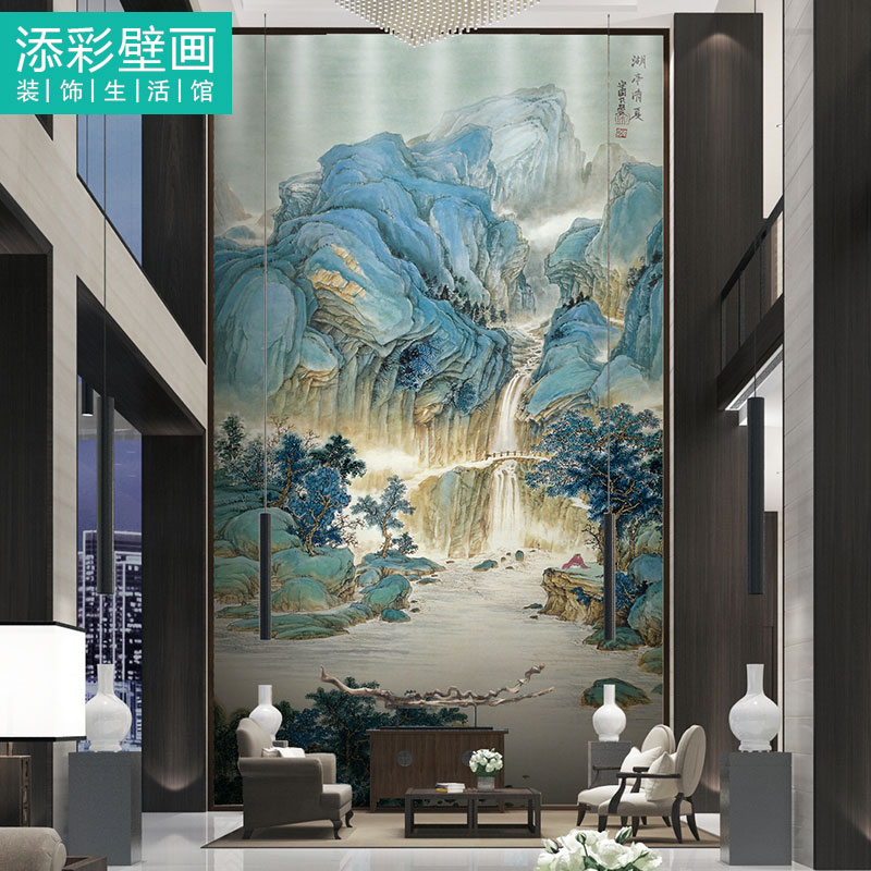 入户玄关墙纸壁画中式山水瀑布流水蓝色壁纸古画竖幅背景墙壁布