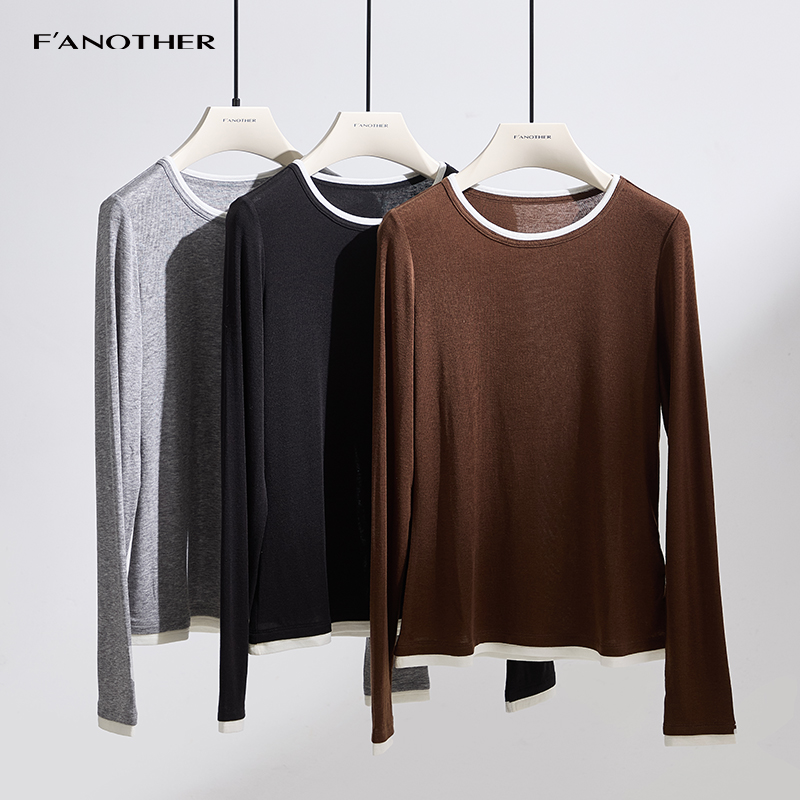 名邦女装早秋穿搭天丝羊毛针织衫2025新款长袖圆领假两件上衣