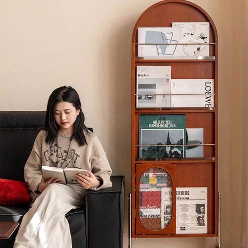 中古风实木书报落地置物架客厅靠墙展示家用简易杂志卧室全身镜子