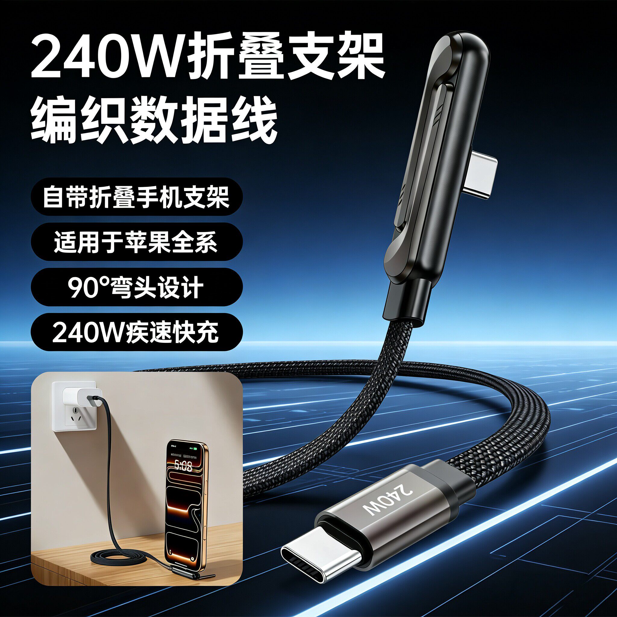 240W快充数据线多功能折叠支架充电线适用华为荣耀苹果OPPO小米