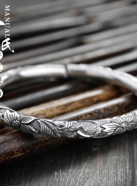 高档民族风99足银纯个手云南纯雪花银圆柱工满雕莲花银镯性女款银