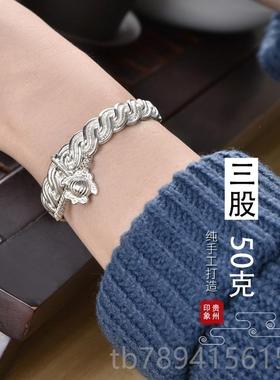 高档纯足银999镯定花制订做扁款麻古风手开口青丝老工式艺饰品环