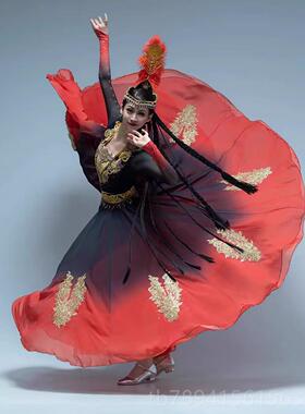 高档新疆舞蹈服装演出服款大摆族裙红色艺考连族衣裙民风表新演维