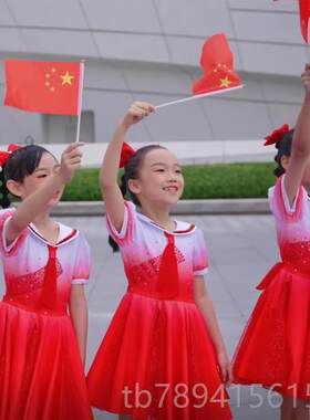 高档儿童方演出服年有志舞蹈服红领巾连衣裙五出东祖国有我表星少