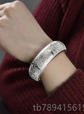 高档银手镯宽面224年0新款宽版轻时9尚99纯银女年款手工个性定制