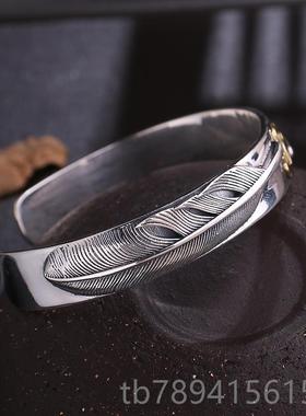 高档S925银复手古手工高桥银吾镯郎风格羽毛分牌镯男士开口手子潮