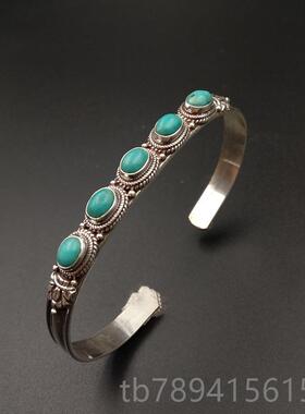 高档印度尼泊尔手工925银饰品镶嵌绿环松石手女镯手 开族口复古民