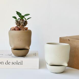 创意笑脸陶瓷小花盆透气桌面阳台绿植球兰多肉迷你可爱陶盆带托盘