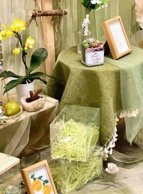 渐变绿色扎染纱幔古风幼儿园毕业环创新中式场景布置浅绿流苏桌布