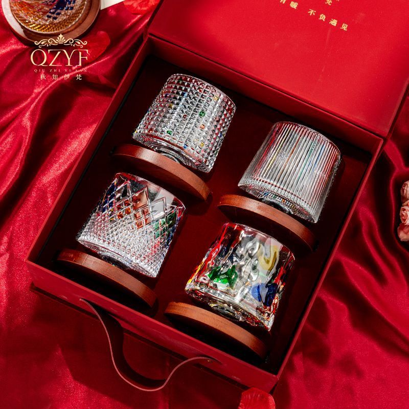 轻奢情侣对杯旋转杯彩绘玻璃水杯威士忌杯礼盒洋酒杯套装结婚送礼