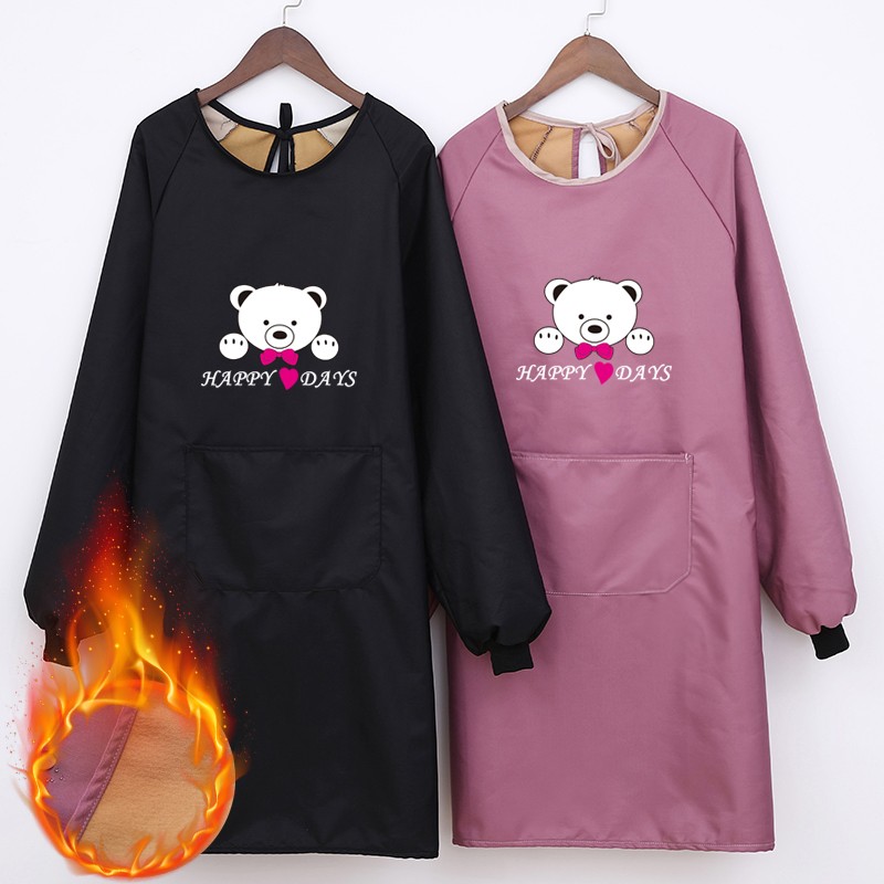 加绒罩衣女加厚冬季长袖围裙家用厨房防水防油大人时尚工作服定制
