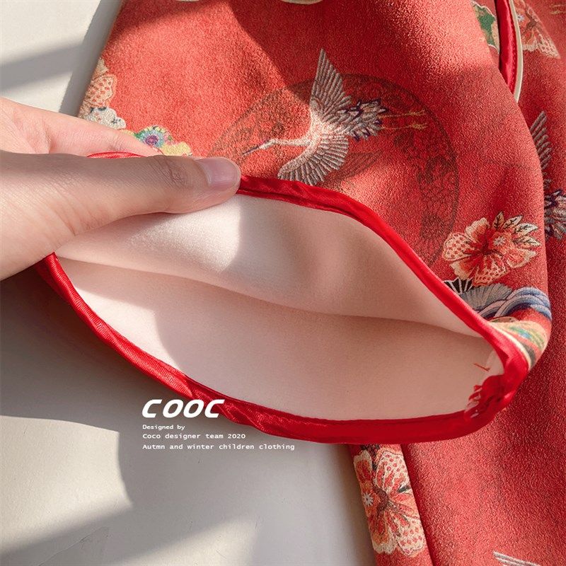 女童2022年秋冬季红色长袖旗袍加绒汉服儿童鹿皮绒中国风连衣裙