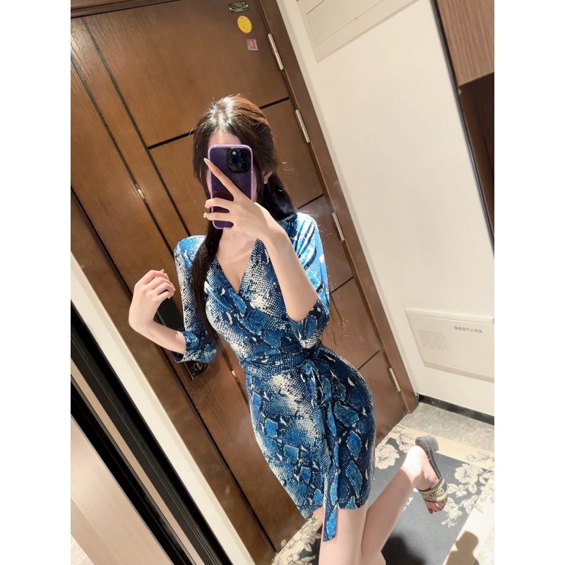 古早*DV*F蓝色蛇纹性感V领显瘦裹身裙一片式连衣裙