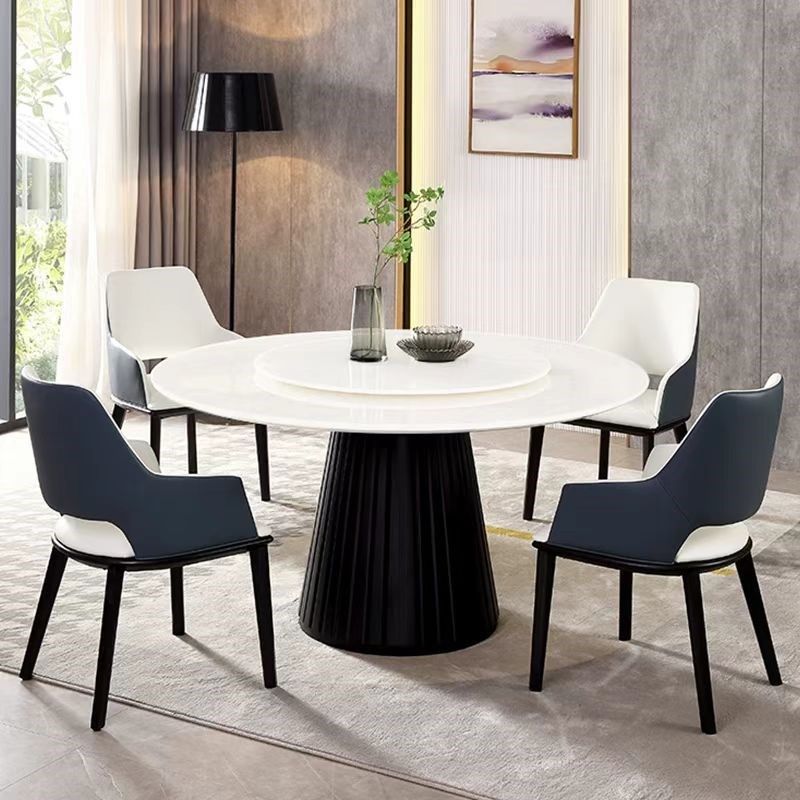 高档天然玉石轻奢石大理石圆桌实木餐桌椅带转盘白冰玉别墅蓝白椅