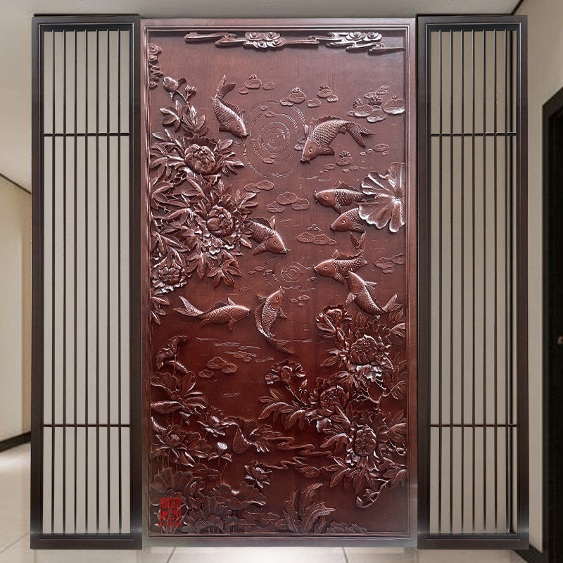 东阳木雕新中式仿古花格实木手工浮雕玄关背景墙隔断屏风富贵九鱼