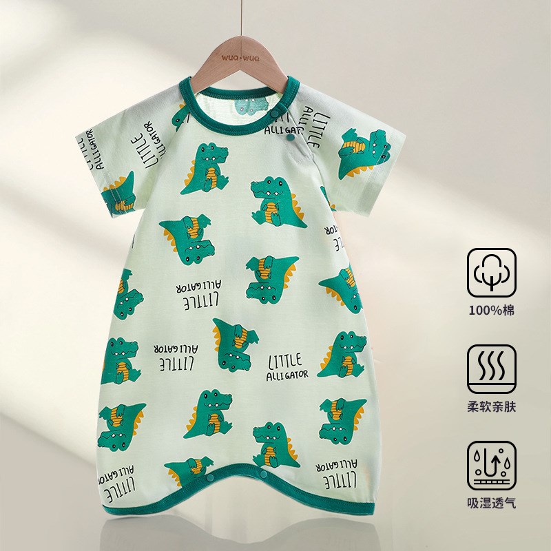 婴儿睡袍夏季薄款纯棉睡袋空调服婴幼儿家居服短袖睡衣宝宝连体衣