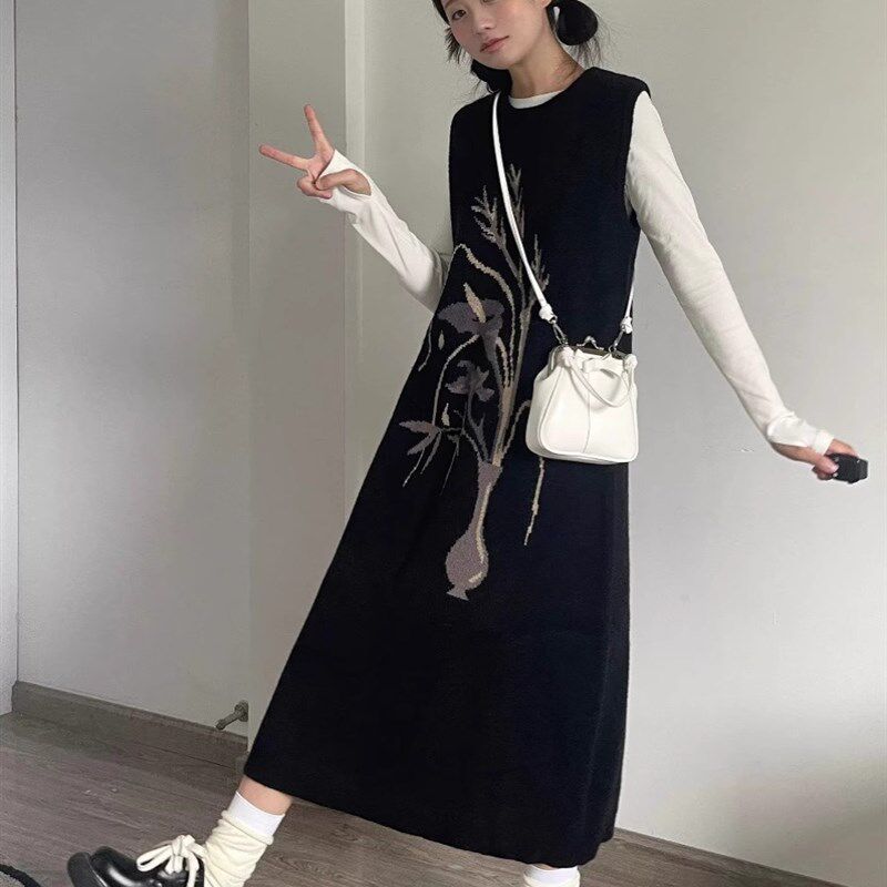 花卉针织毛衣裙女装秋冬小个子国风外搭背心裙叠穿连衣裙长裙显瘦