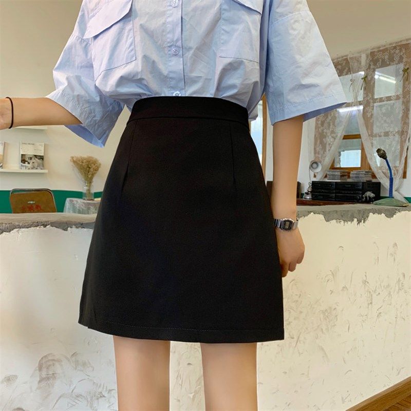 2021夏季高腰职业裙工装半身裙胖mm遮跨裙黑色短裙大码显瘦A字裙