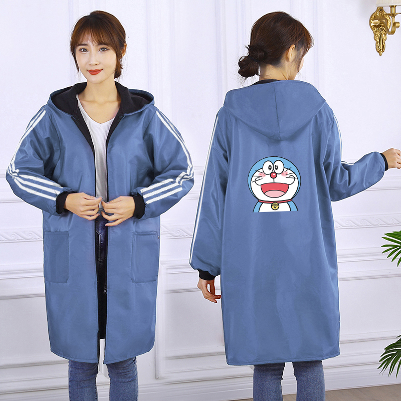 加绒罩衣长袖围裙卡通猫防水防油外套时尚女家用厨房冬季工作服男