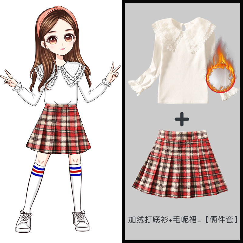 2023秋冬新款女童毛呢半身裙儿童学院风格子百褶裙短裙冬季中大童