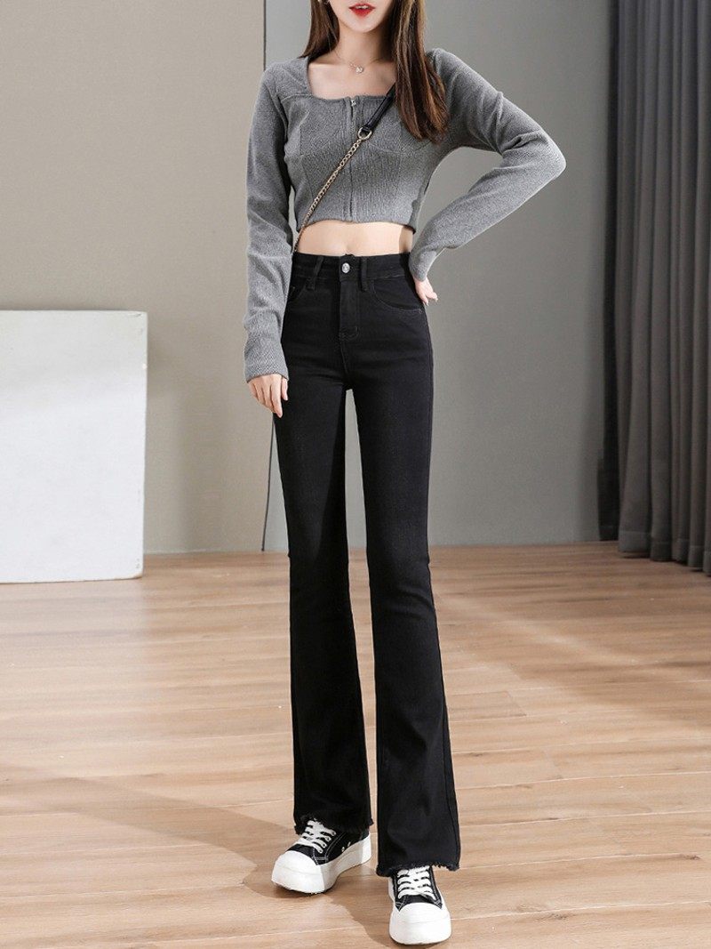 微喇叭牛仔裤女黑色高腰2021秋冬季新款九分加绒弹力修身显瘦直筒