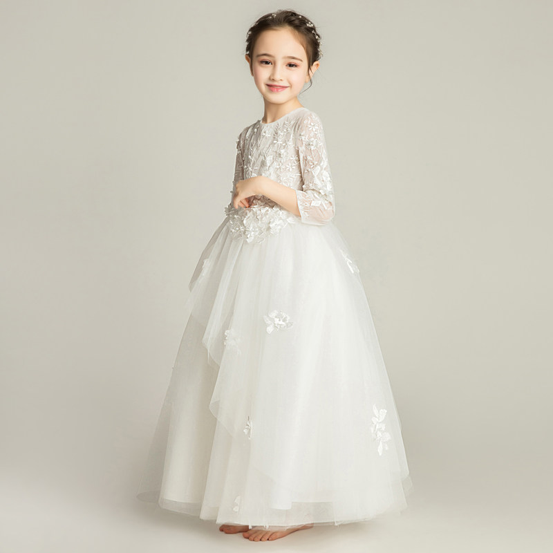 儿童礼服公主裙女童婚纱白色花童长裙蓬蓬纱裙钢琴演出表演服洋气