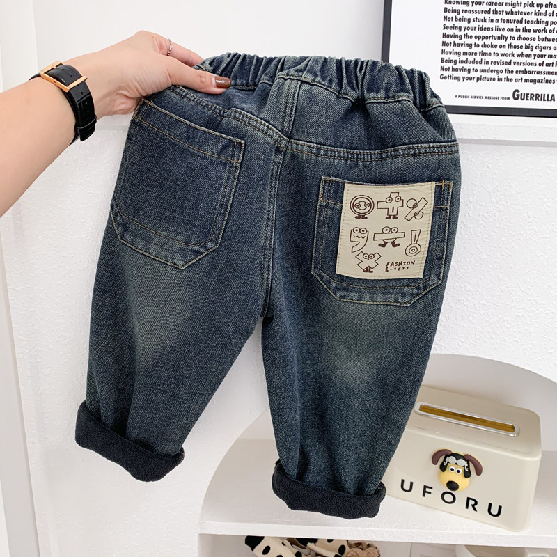 男童加绒牛仔裤儿童柔软一体绒裤子2023秋冬新款中童休闲长裤百搭