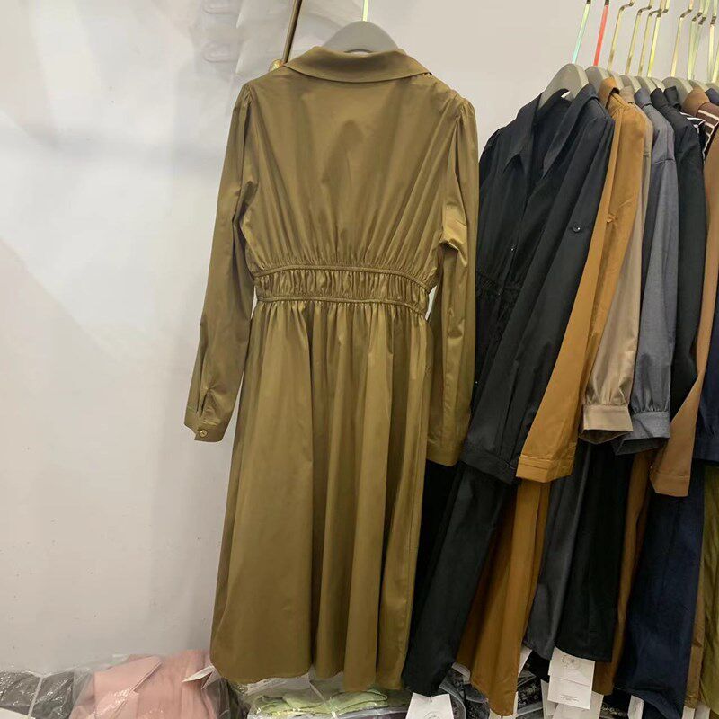 单排扣长袖衬衫连衣裙女2023早秋新款收腰显瘦V型口袋气质中长裙