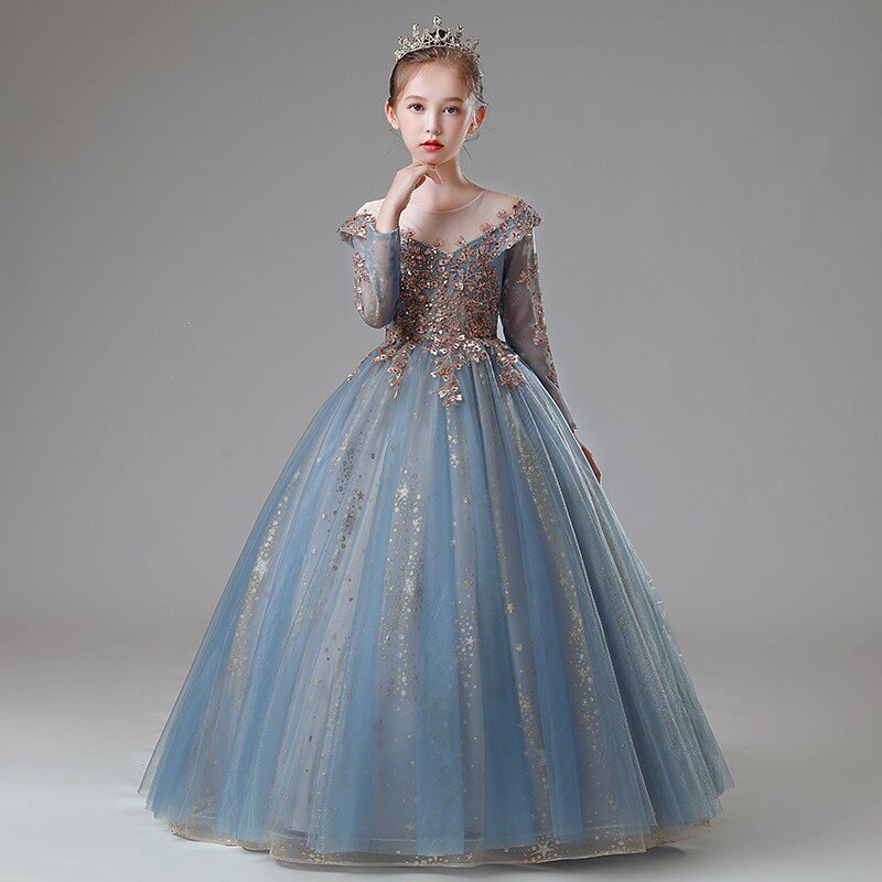 儿童晚礼服秋冬长袖女童公主裙高端小主持人钢琴演出服生日蓬蓬纱