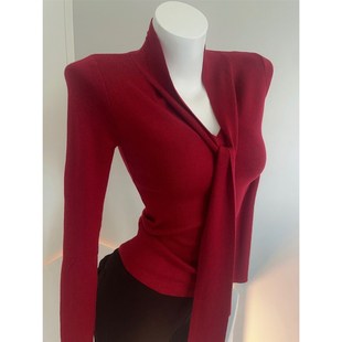 JU优雅的法式飘带羊毛针织衫 复古圣诞红 秋冬长袖针织打底衫上衣