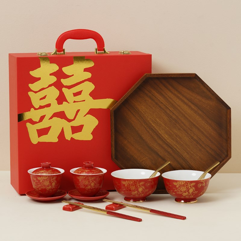 仲夏知己金线繁花敬茶杯改口结婚碗筷套装喜碗一对碗筷红色高档