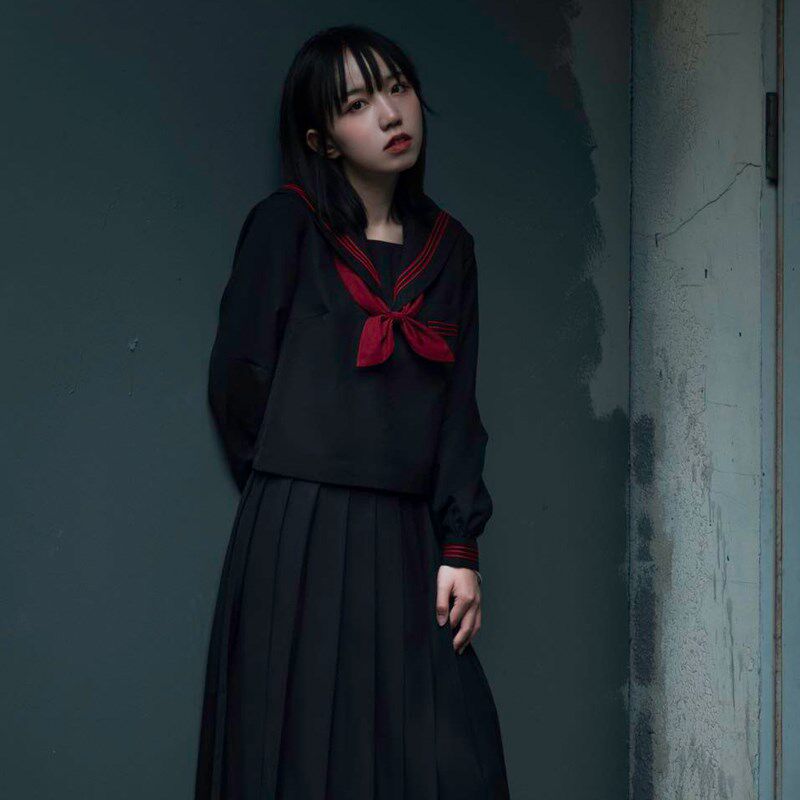 樱花家族jk制服水手服 赤三本基本款黑色不良长袖 中间服套装女