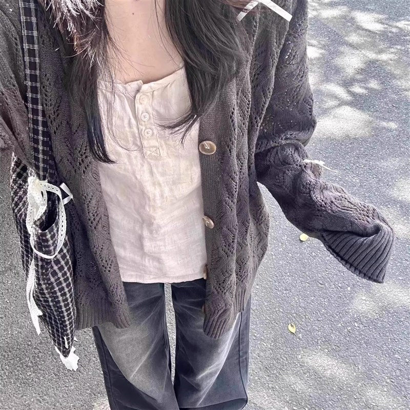 学院风镂空薄款蝴蝶结针织开衫女开春款2025新款外搭宽松外套上衣