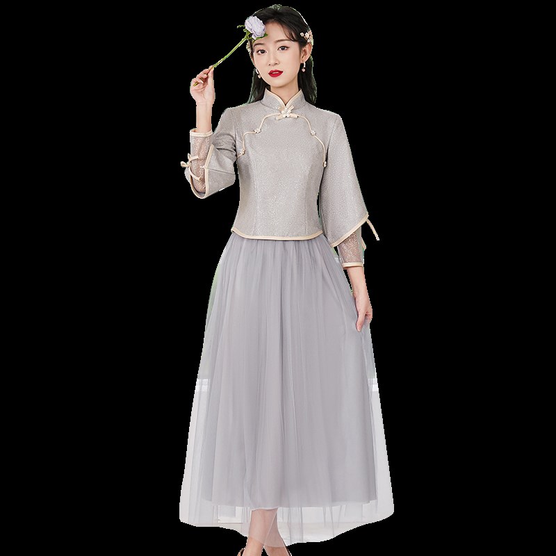 伴娘服2023新款中式新娘伴娘团结婚闺蜜姐妹裙中国风长款秋冬礼服