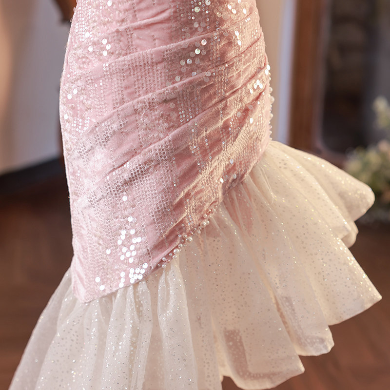 儿童礼服公主裙粉色高端小女孩生日宴走秀女童主持人钢琴演出服秋