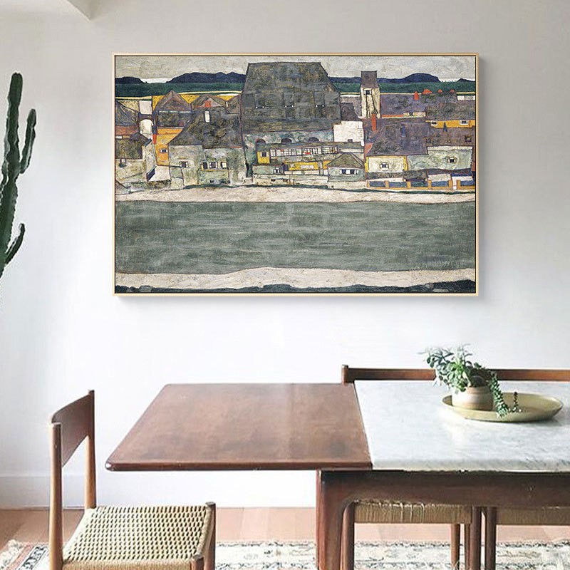 席勒画小镇建筑艺术画沙发背景挂画餐厅装饰画欧式玄关画有框墙画