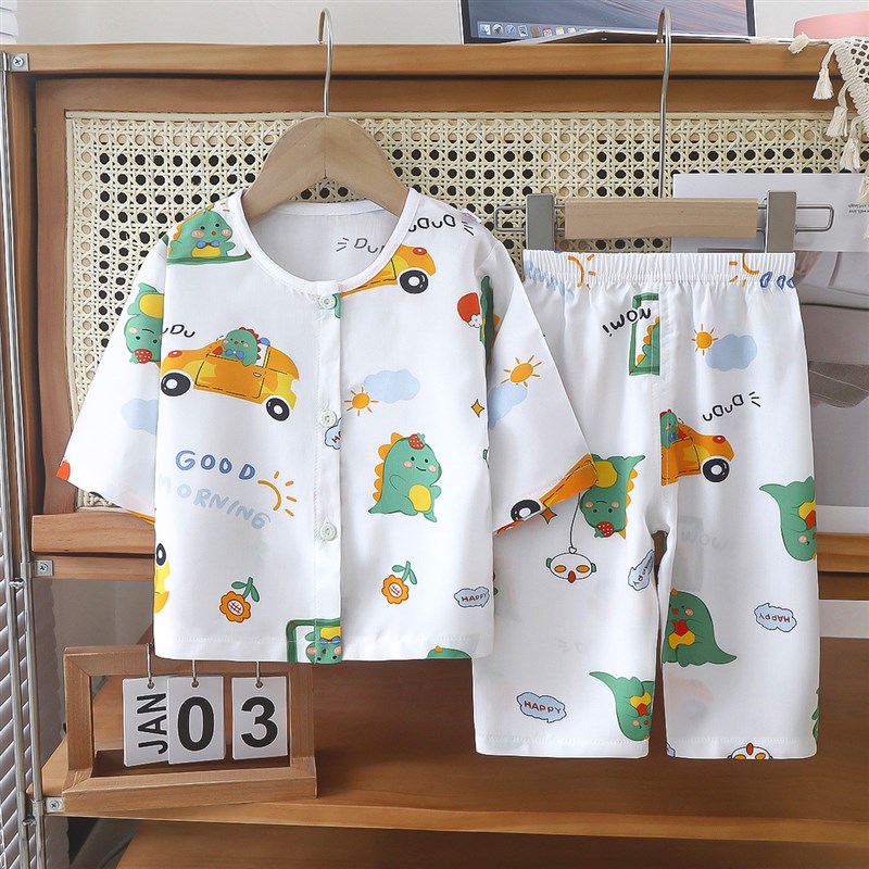 婴儿夏季棉绸宝宝睡衣薄款0一1岁七分袖男孩女童3分体套装5空调服