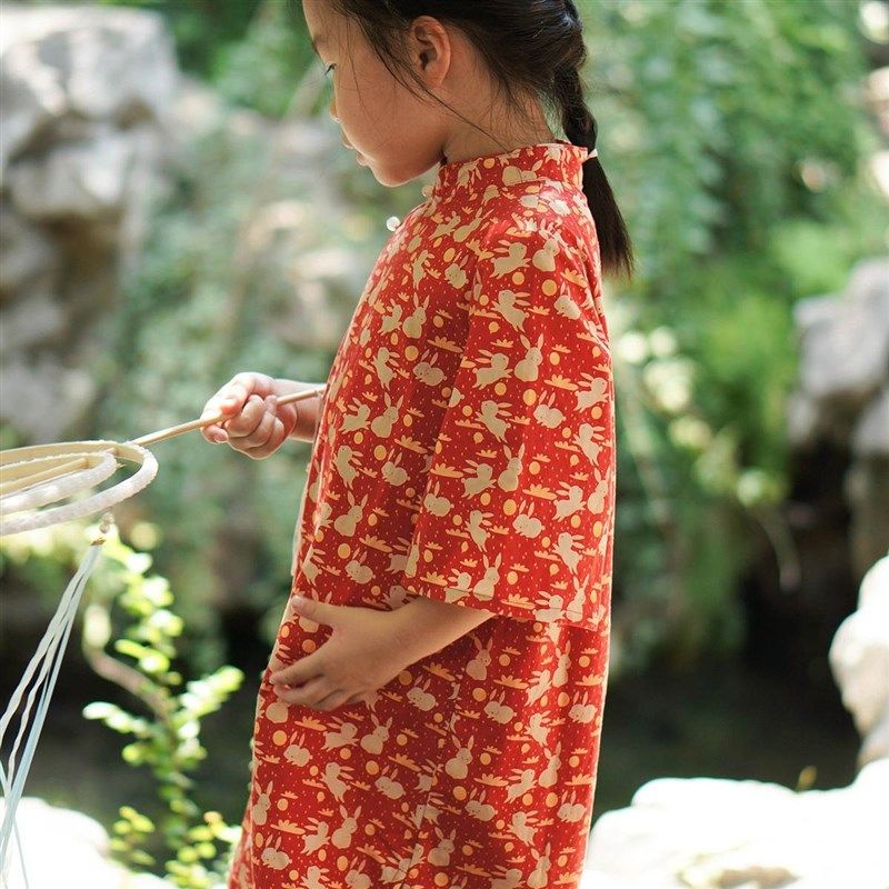 毛小姐 女童中袖旗袍小礼服连衣裙 红色玉兔 新中式改良国风纯棉