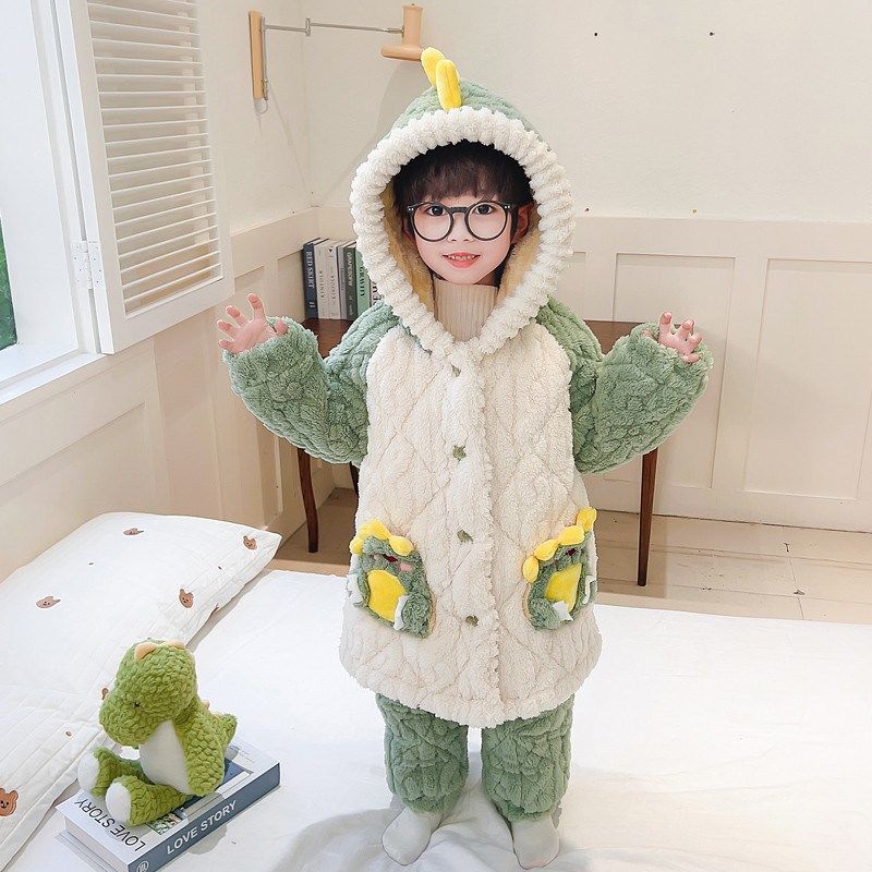 男童睡衣冬季加厚三层夹棉珊瑚绒儿童男宝宝冬款加绒法兰绒家居服