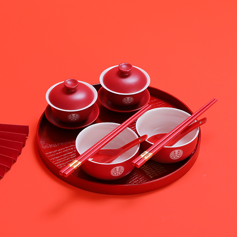新娘敬茶杯结婚套装婚庆盖碗喜碗红色一对两对新人改口茶杯茶碗