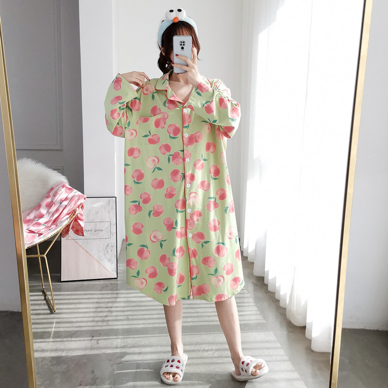 加大码针织棉开衫长袖睡裙春秋宽松孕妇胖mm200斤长款衬衫裙睡衣
